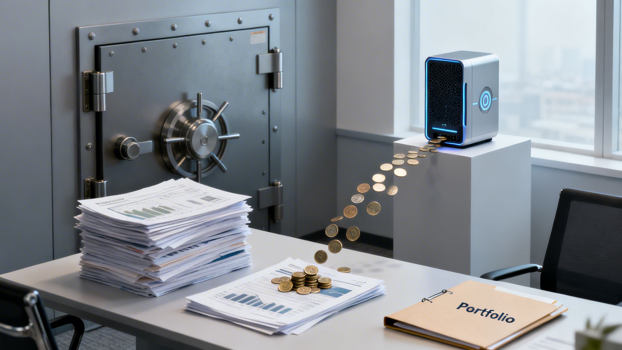 Eine futuristische Geldmaschine gibt Münzen auf Finanzdokumente am Schreibtisch aus, mit einem großen Tresor in der Nähe.