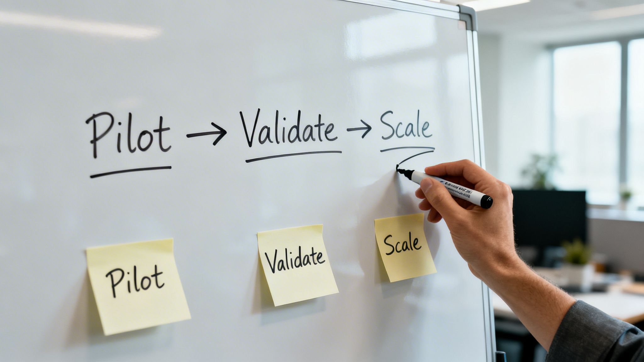 Whiteboard mit strategischem Prozess: Pilot, Validieren, Skalieren, mit einer Hand, die schreibt.