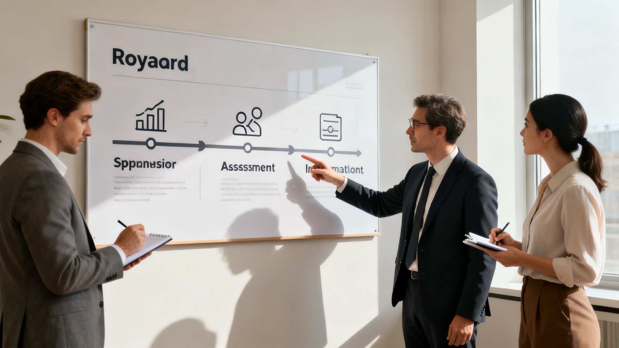 Drei Fachleute arbeiten in einem Büro zusammen und überprüfen einen Prozessfluss auf einer Whiteboard-Präsentation.