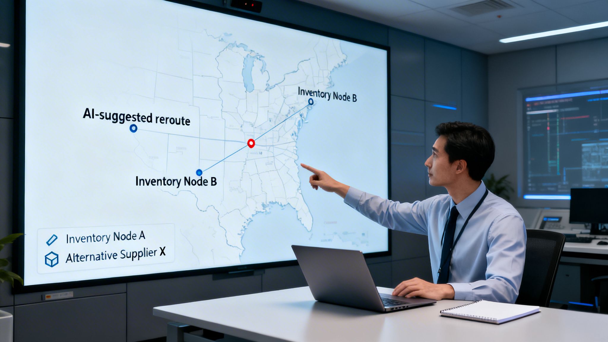 Businessman analyzing an AI-suggested supply chain reroute on a large digital map in an office.
