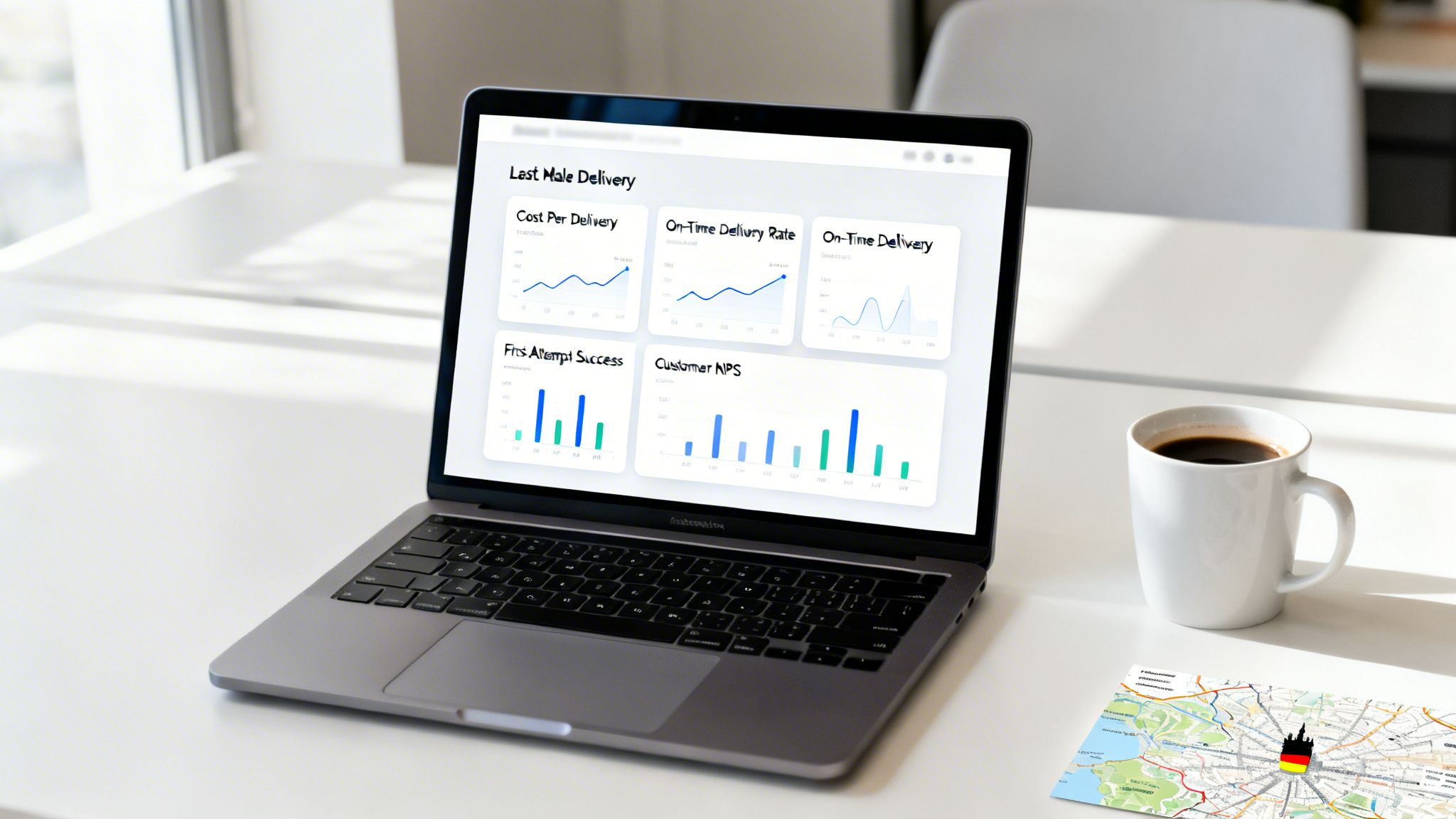 Laptop mit einem Last-Mile-Delivery-Dashboard, daneben eine Kaffeetasse und eine Karte auf einem weißen Schreibtisch.