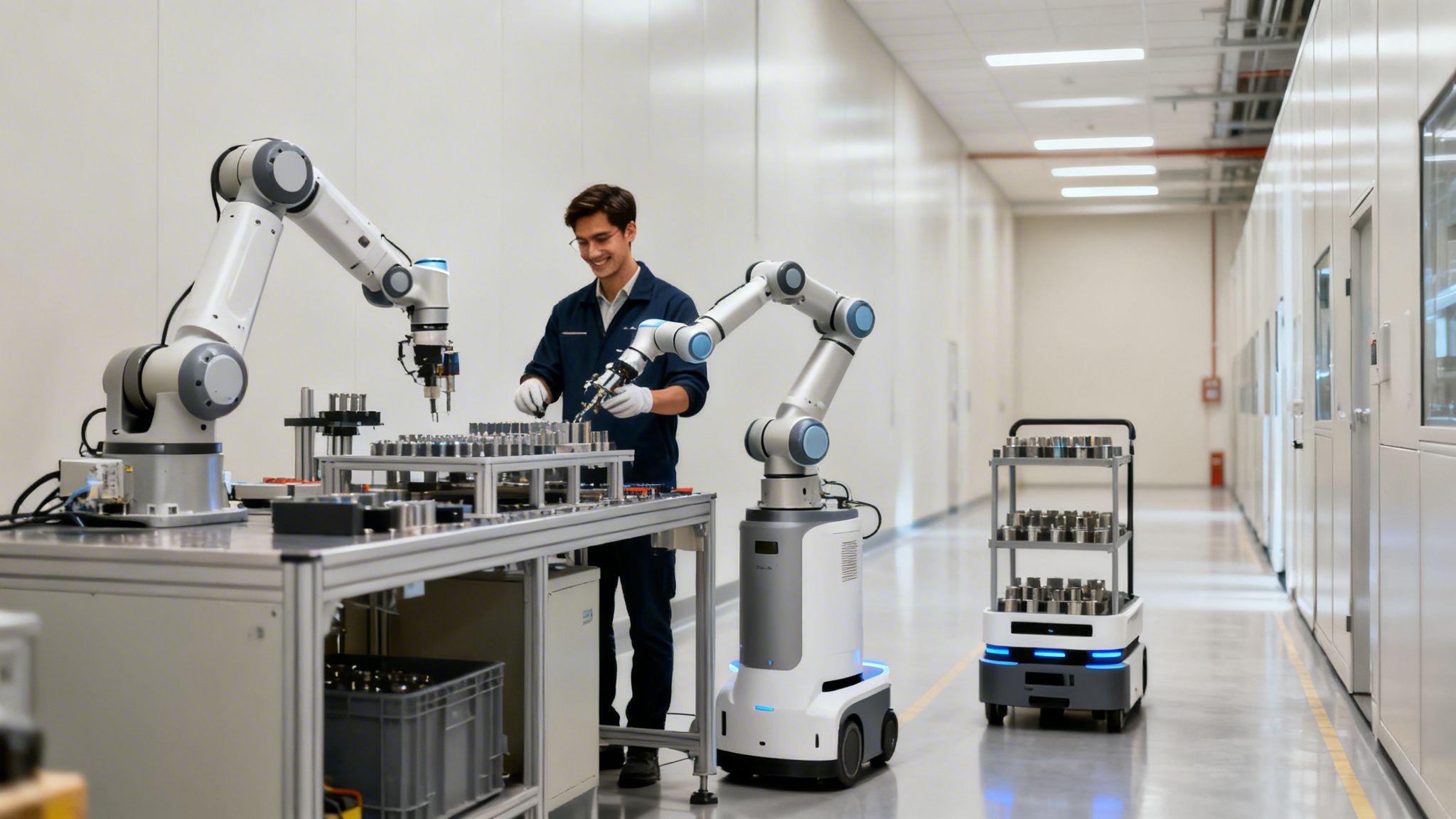 Smiling technician works alongside two collaborative robots and an AMR in a clean factory.