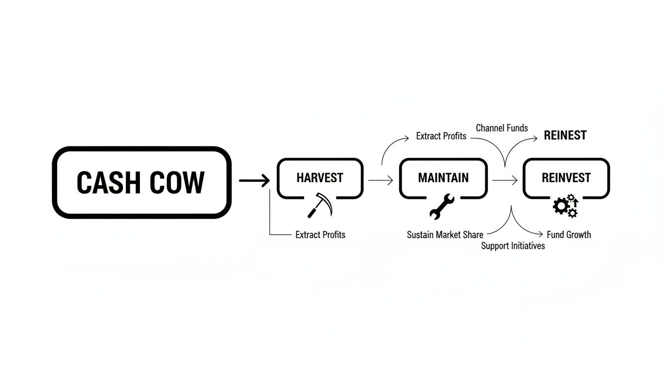 Flussdiagramm, das den Cash‑Cow‑Managementprozess illustriert: Abschöpfen, Erhalten und Reinvestieren von Gewinnen.