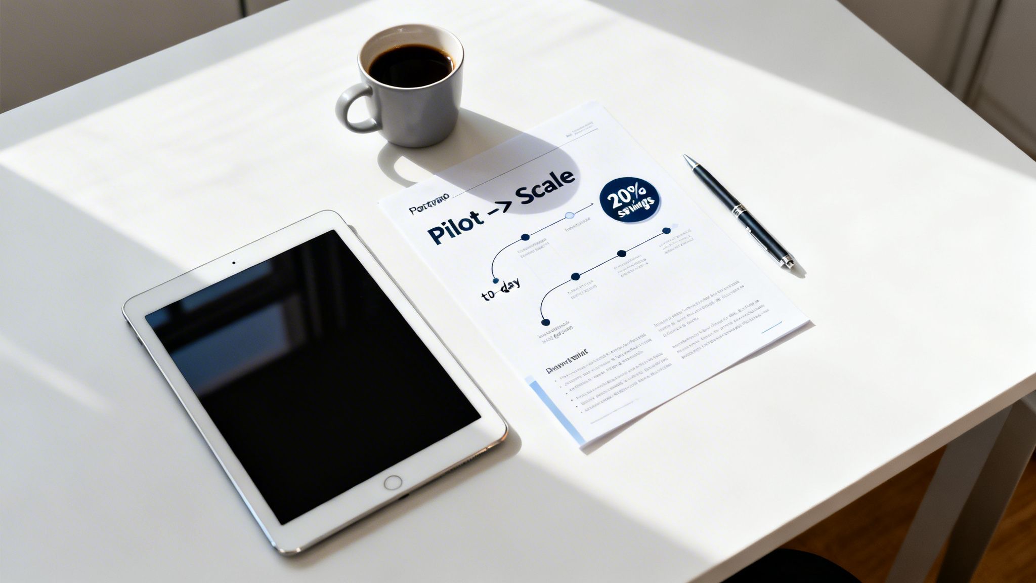A top-down view of a modern white desk with a tablet, coffee mug, business document, and pen.