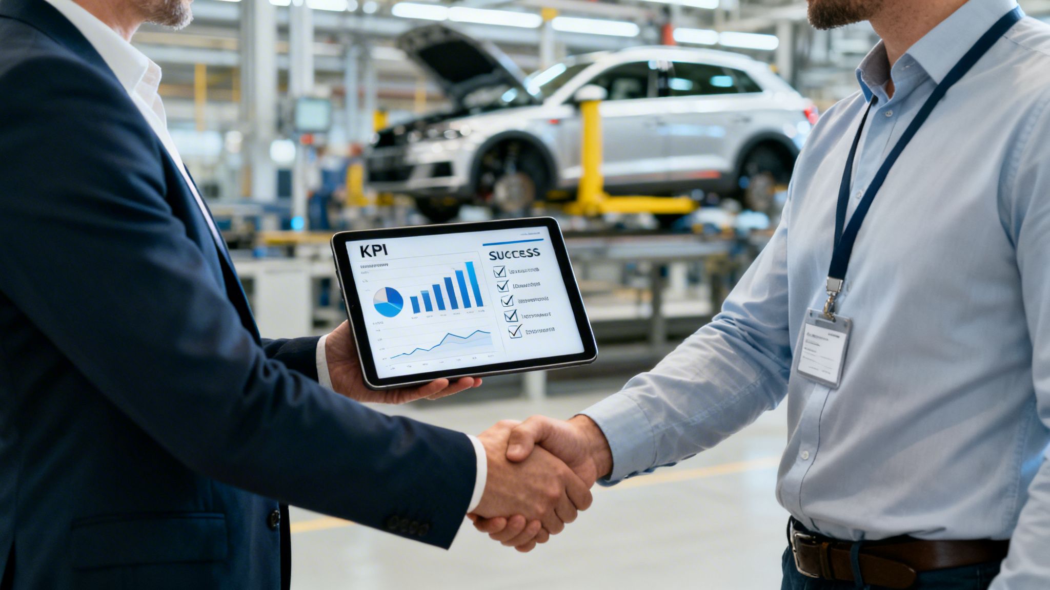 Two businessmen shake hands in an automotive factory, reviewing KPI data and success metrics on a tablet.