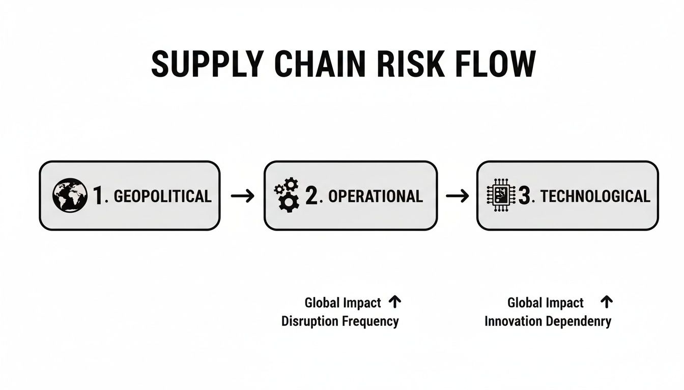 Diagram illustrating supply chain risk flow from geopolitical, to operational, and then technological factors.