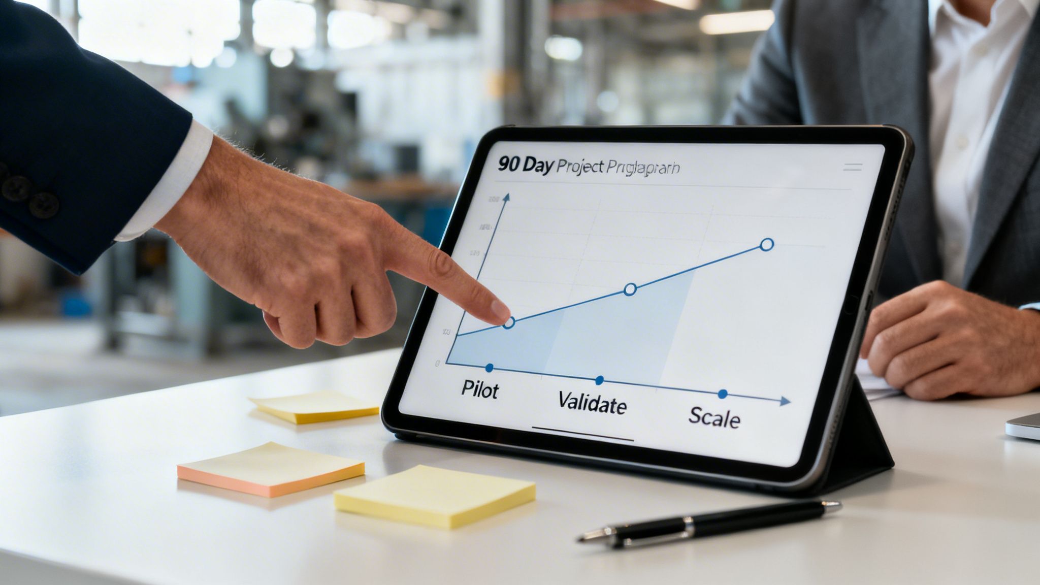 Professional's hand pointing at a 90-day project progress graph on a tablet screen.