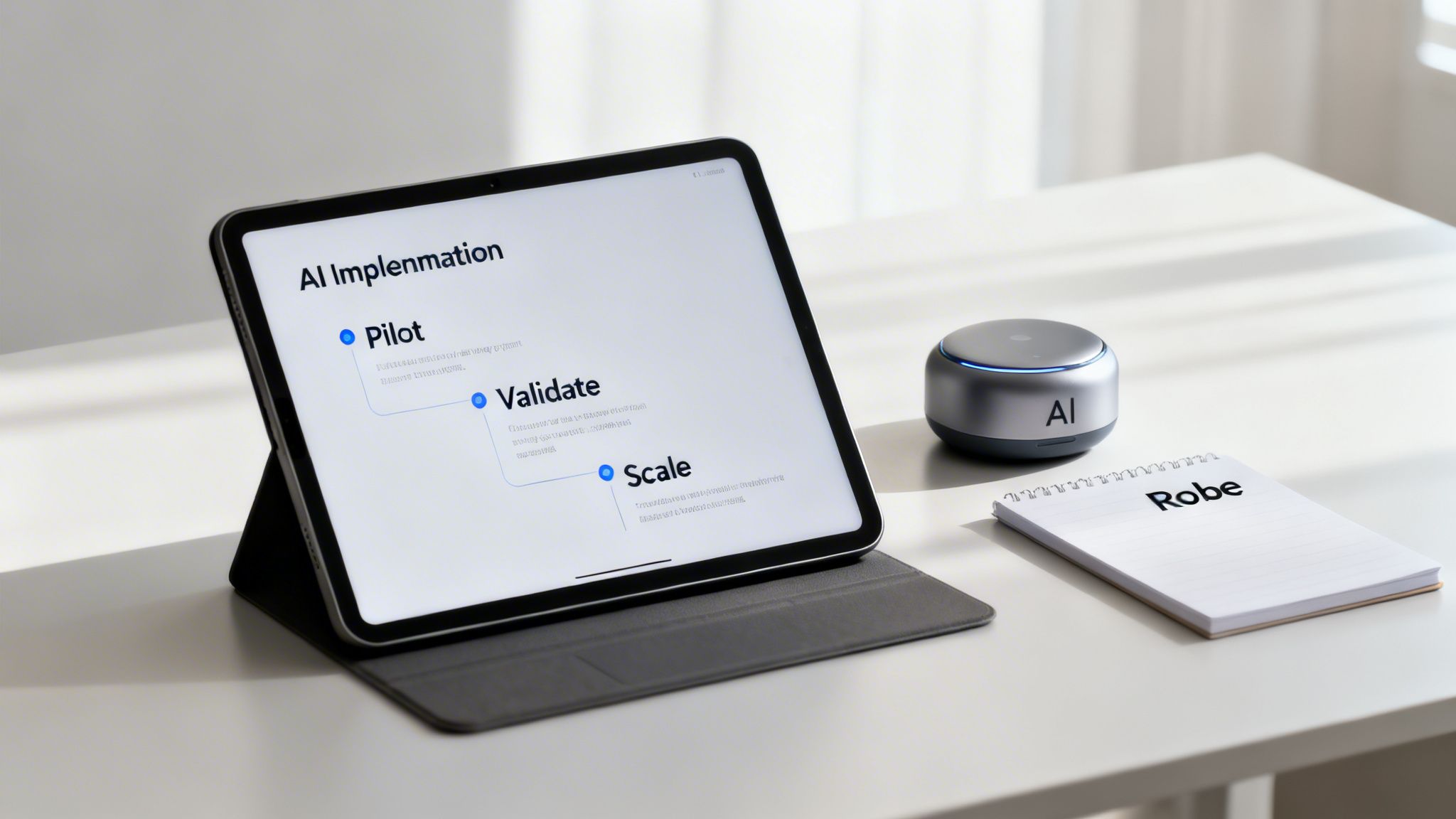 A tablet displaying an AI implementation plan with pilot, validate, and scale steps, alongside an AI smart speaker and a notebook.