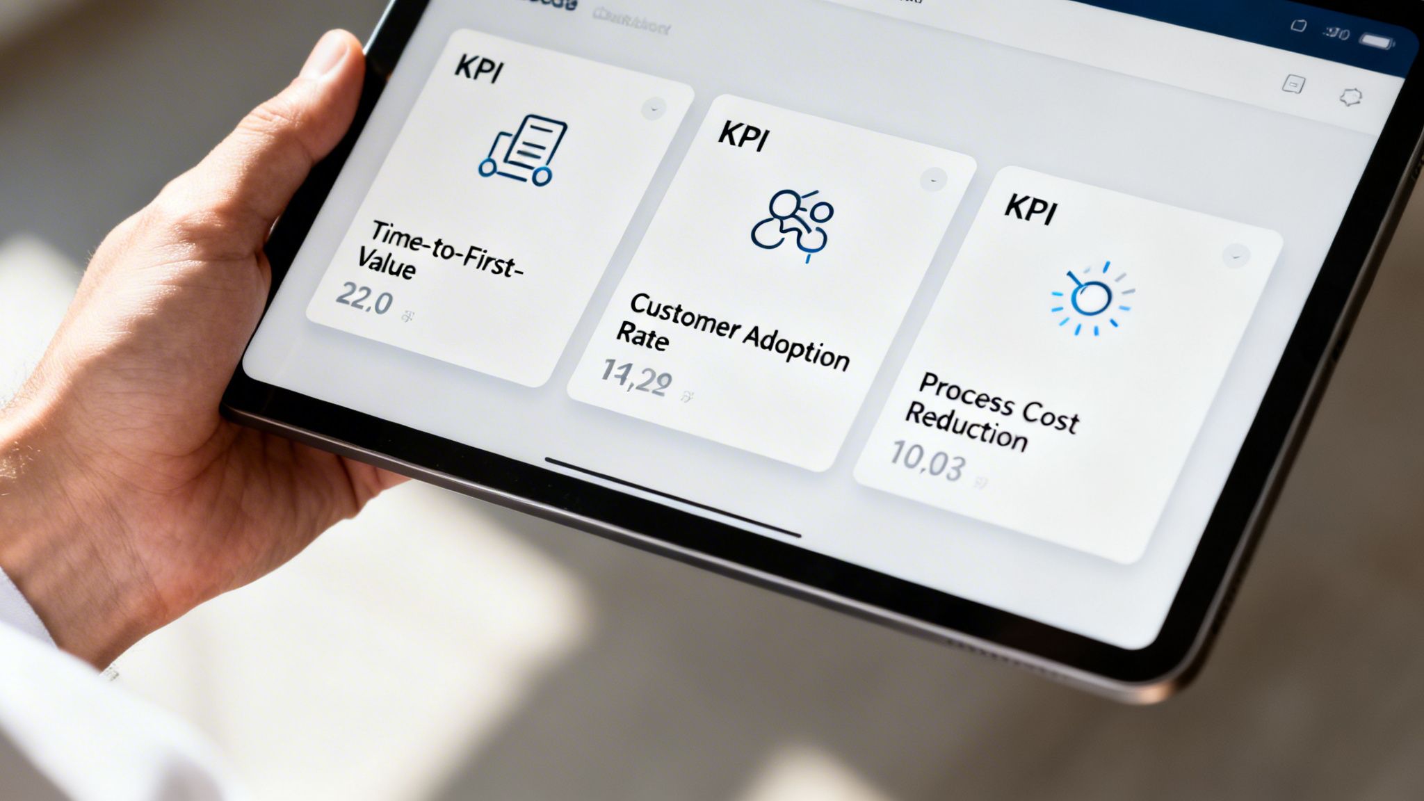 Eine Person hält ein Tablet mit drei KPIs: Time-to-First-Value, Kundenadoptionsrate und Prozesskostensenkung.