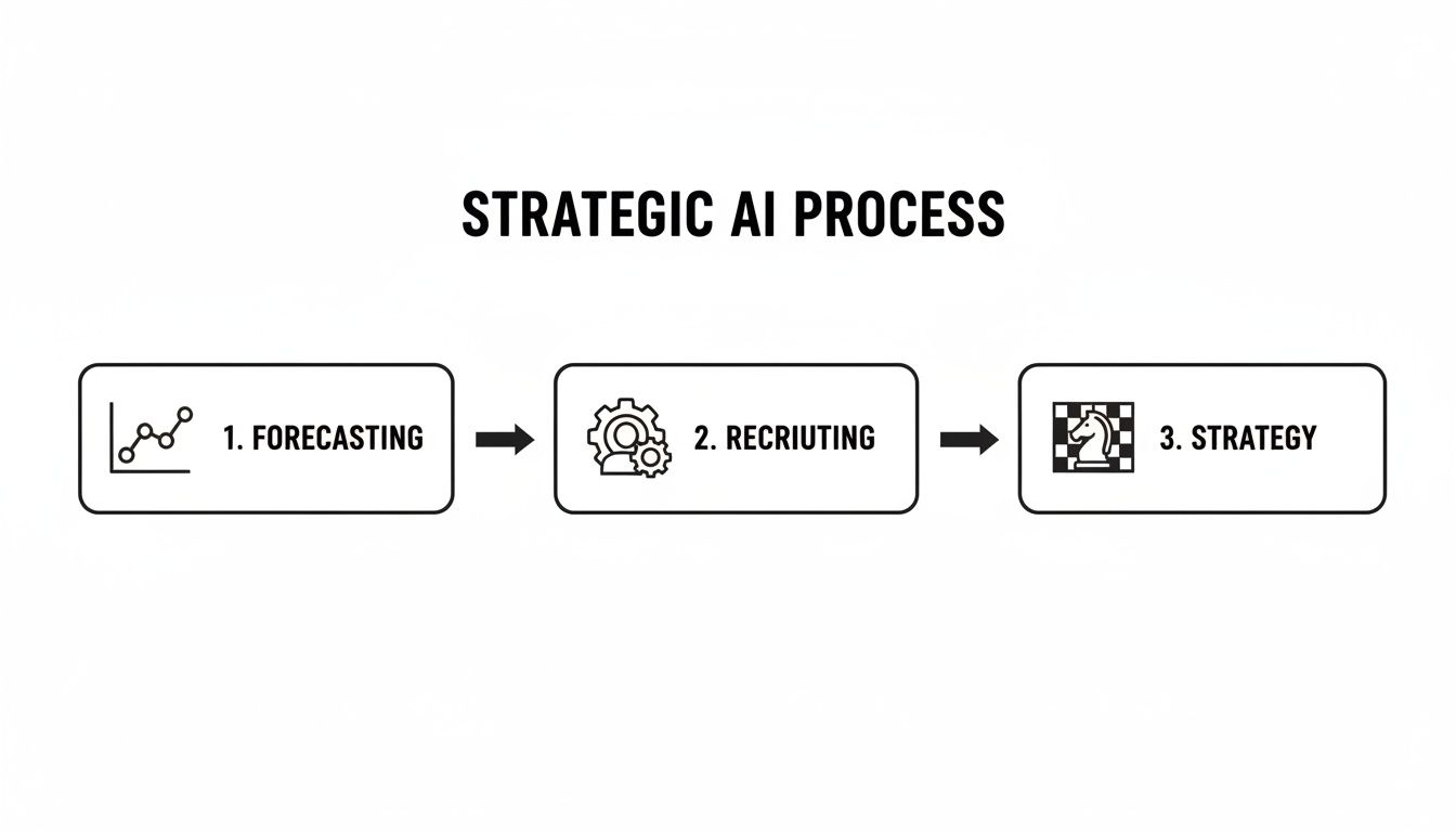 Ein Flussdiagramm, das den strategischen KI‑Prozess mit drei Schritten illustriert: Forecasting, Recruiting und Strategie.