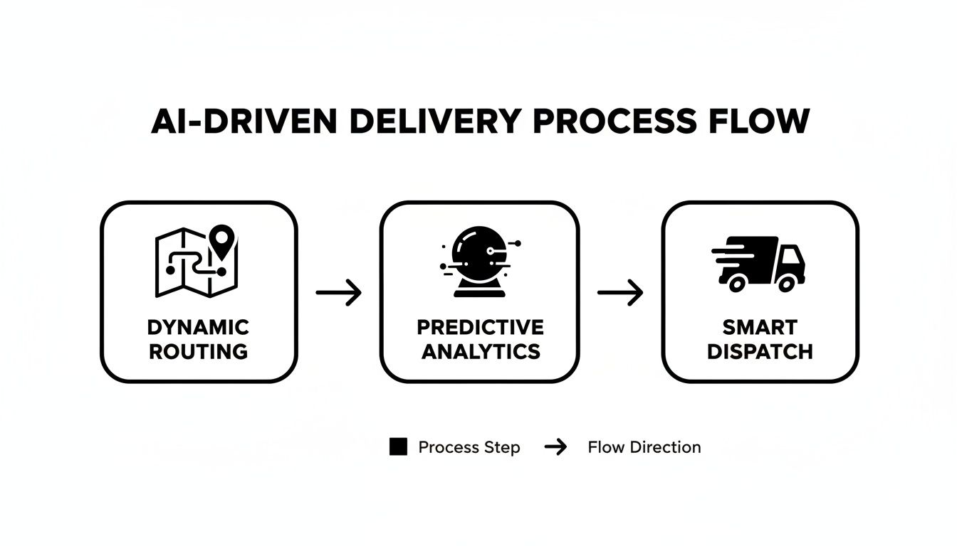 Flussdiagramm, das einen KI‑getriebenen Zustellprozess darstellt: Dynamische Routenplanung, Predictive Analytics und Smarte Disposition.