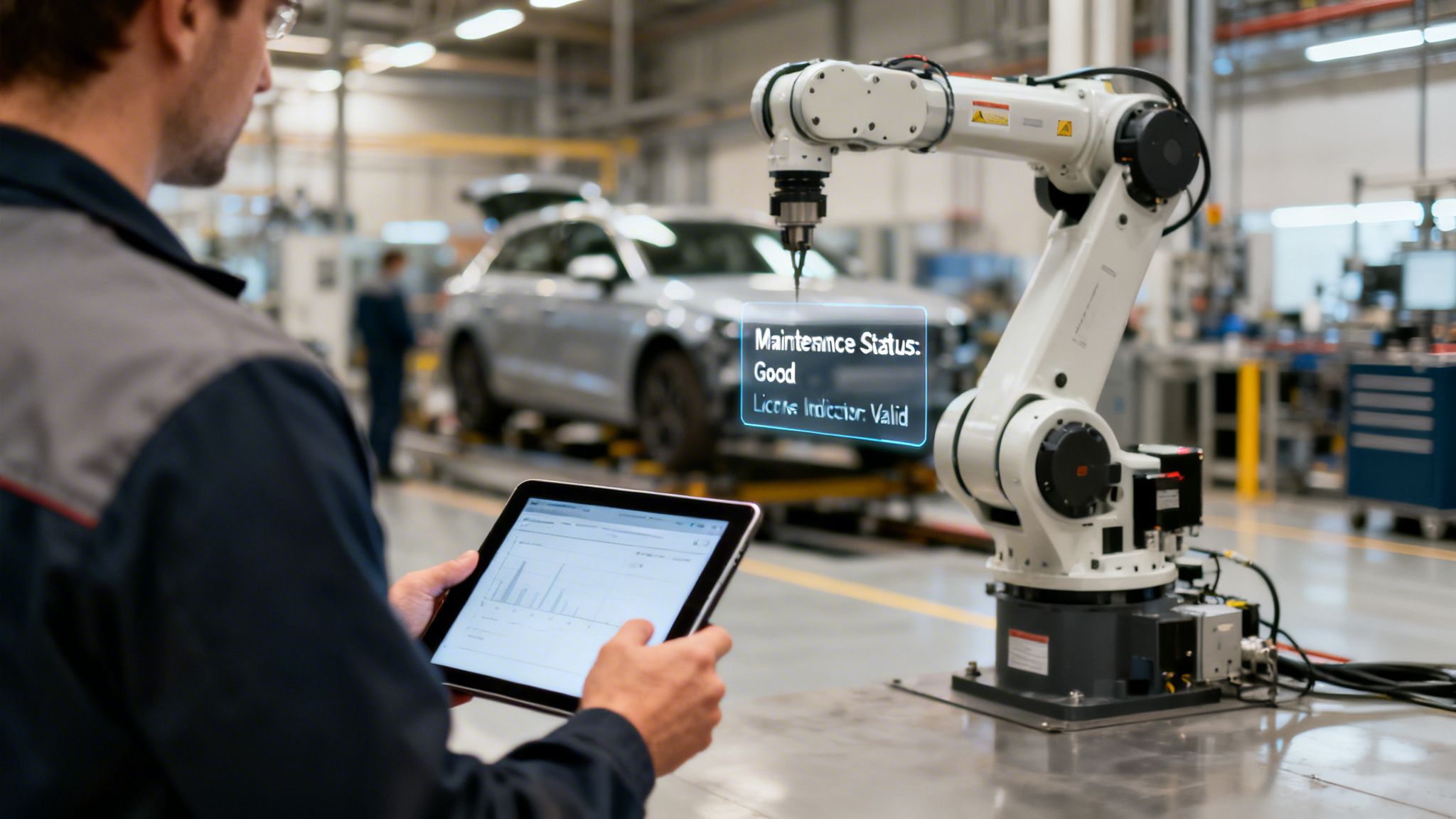 Technician uses a tablet to monitor robotic arm maintenance status with an AR display in a factory.