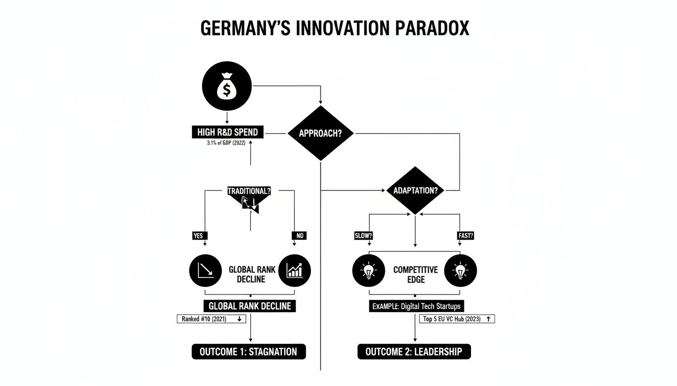 Flowchart illustrating Germany's innovation paradox, detailing paths from high R&D spend to stagnation or leadership.
