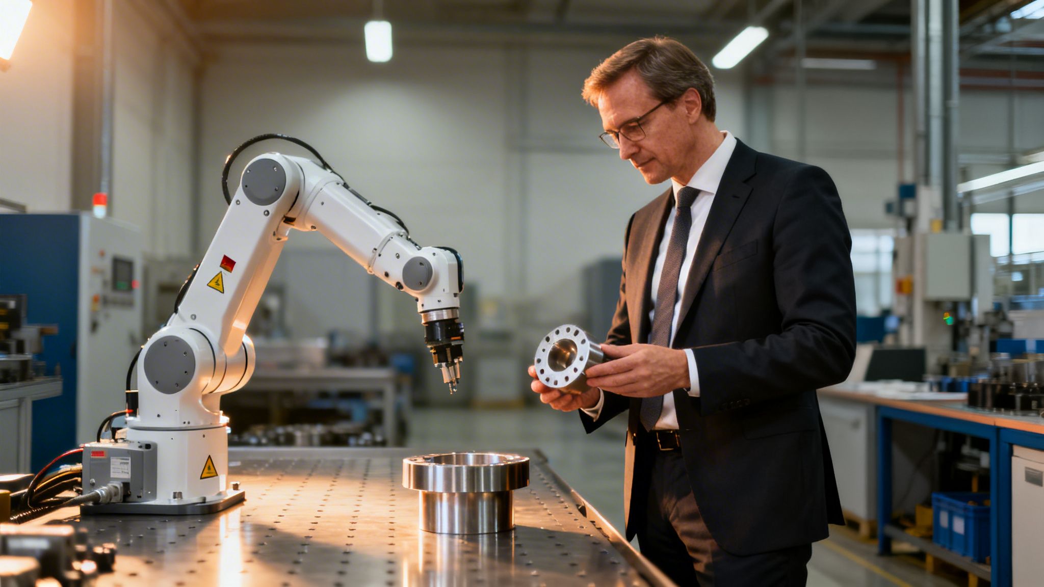 A businessman examines a metal part next to an industrial robot arm in a modern factory.