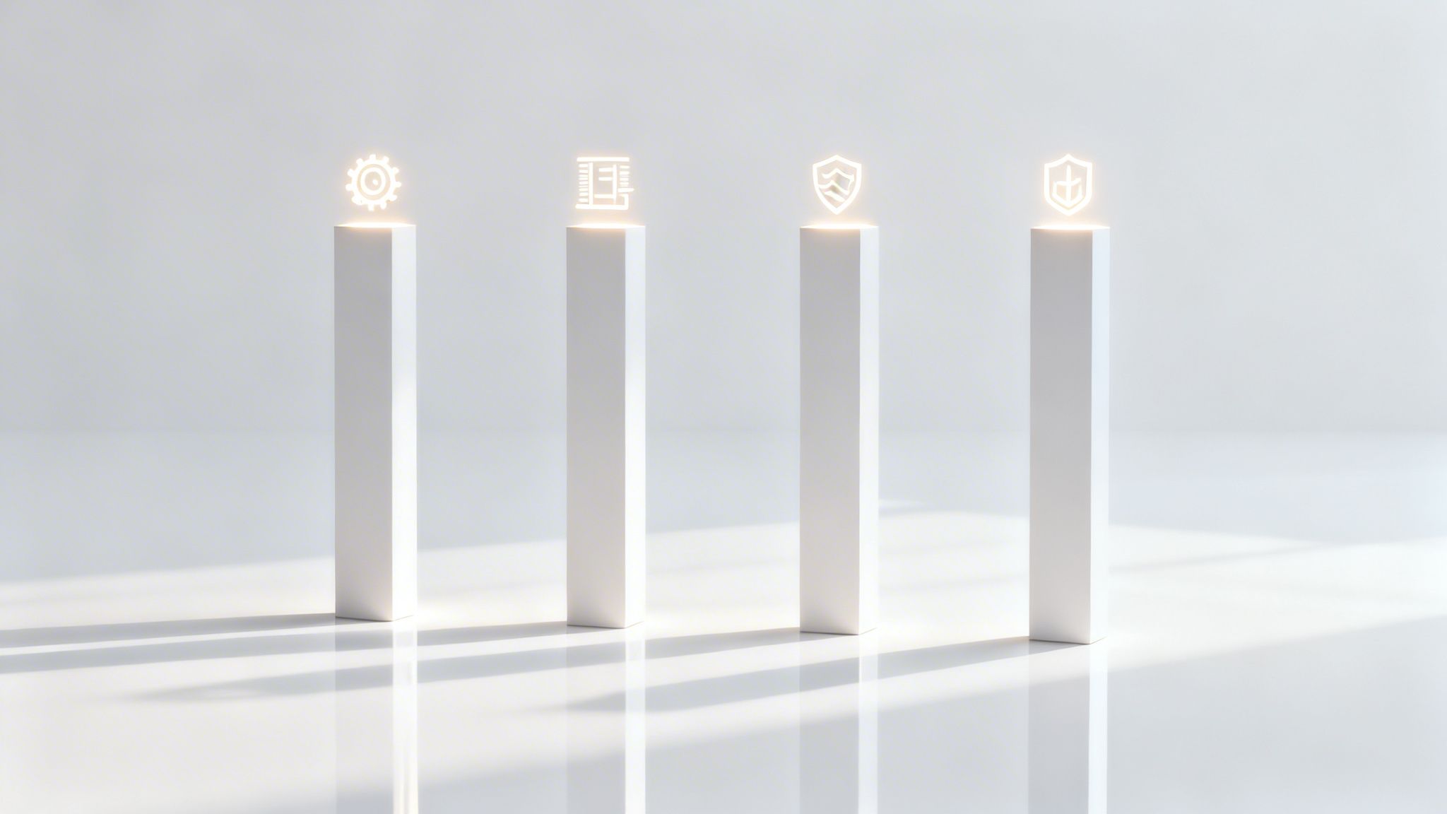 Four white pillars with glowing icons representing digital technology, security, and protection.