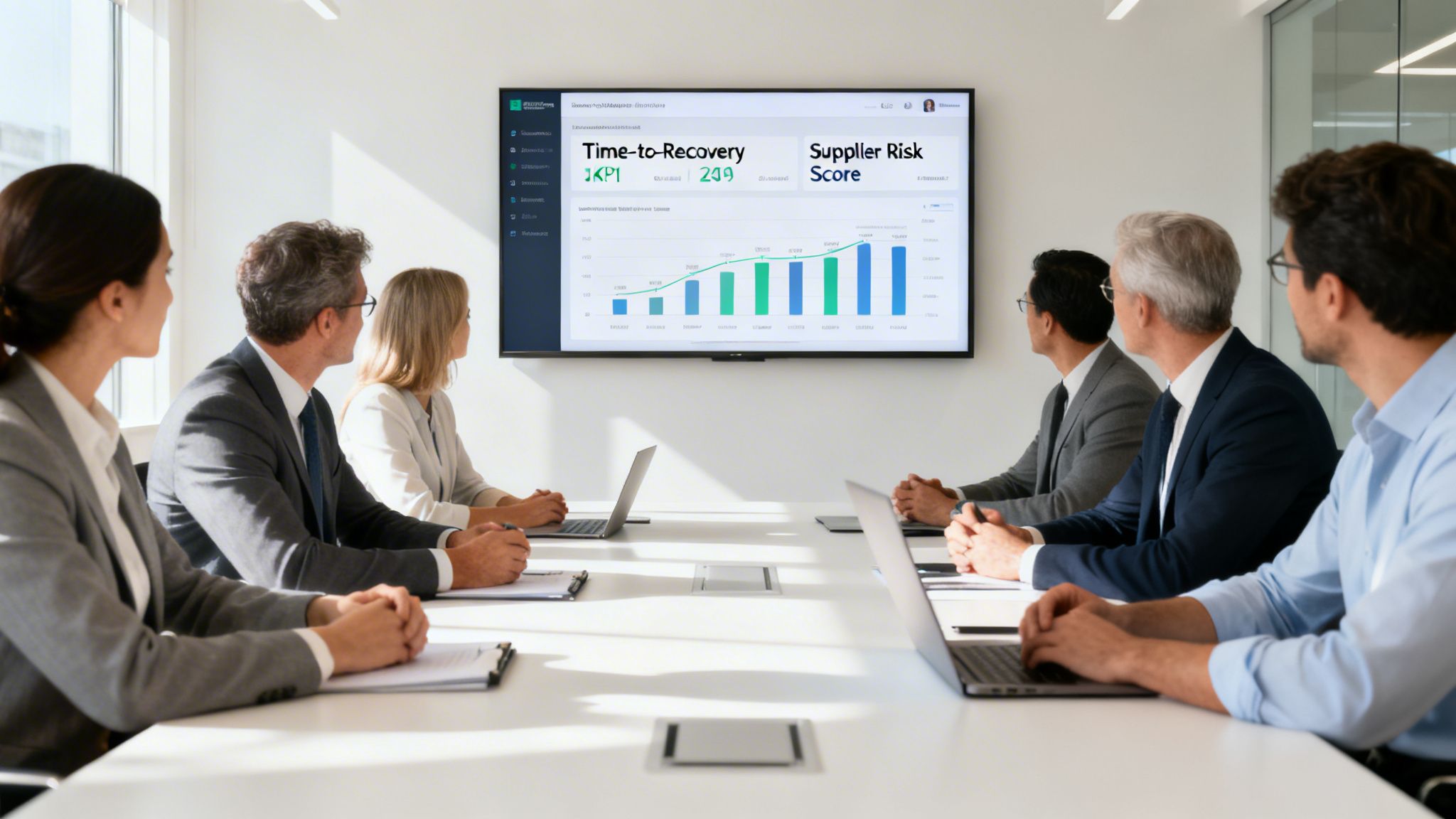 Business professionals reviewing supply chain risk metrics on a large screen in a modern meeting room.