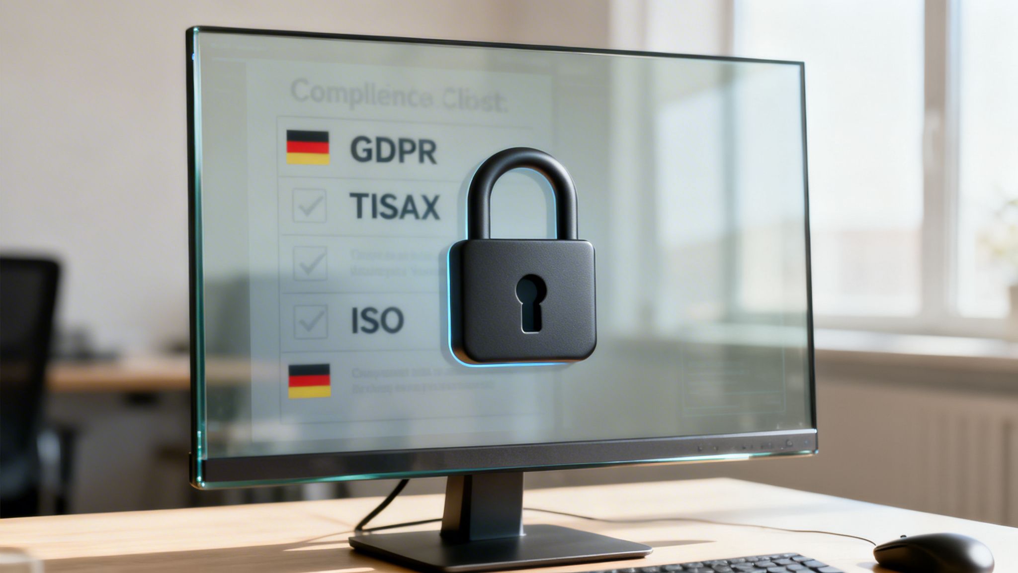 Ein transparenter Bildschirm zeigt eine Daten-Compliance-Checkliste für DSGVO, TISAX und ISO mit einem Vorhängeschloss-Icon.