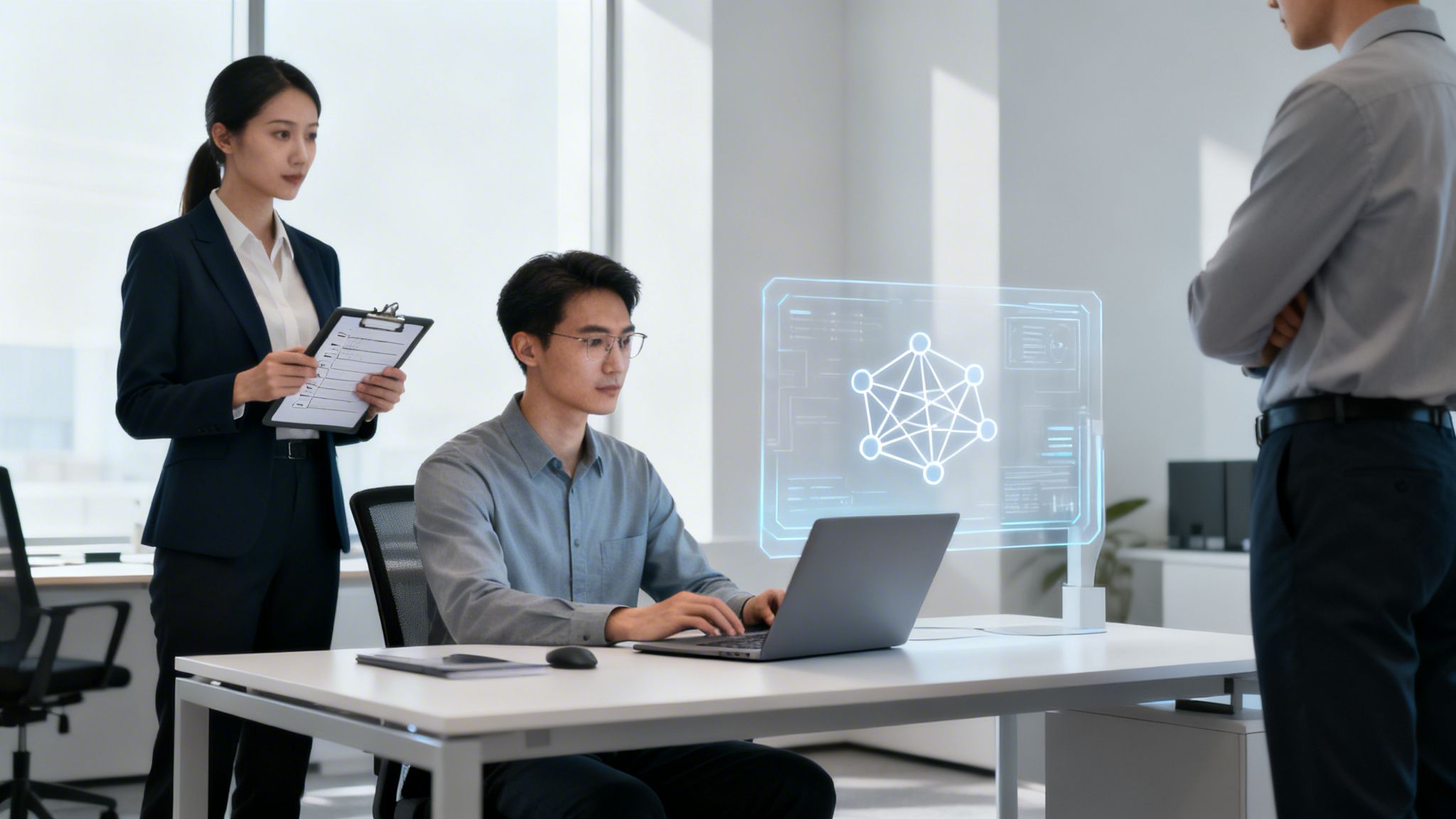 Drei Fachleute in einem modernen Büro arbeiten mit einem Laptop und einer futuristischen holografischen Anzeige zusammen.