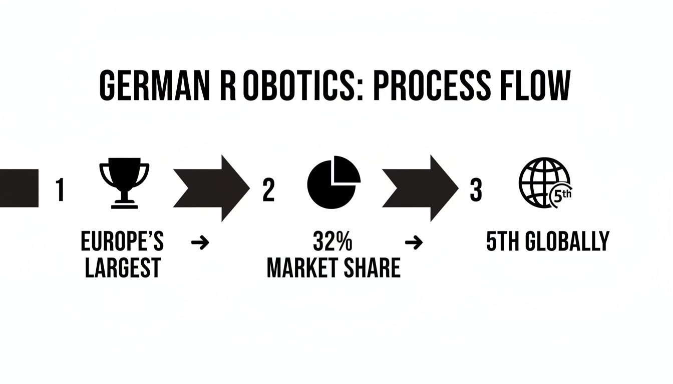 A process flow chart illustrating German robotics as Europe's largest, holding 32% market share, and ranking 5th globally.
