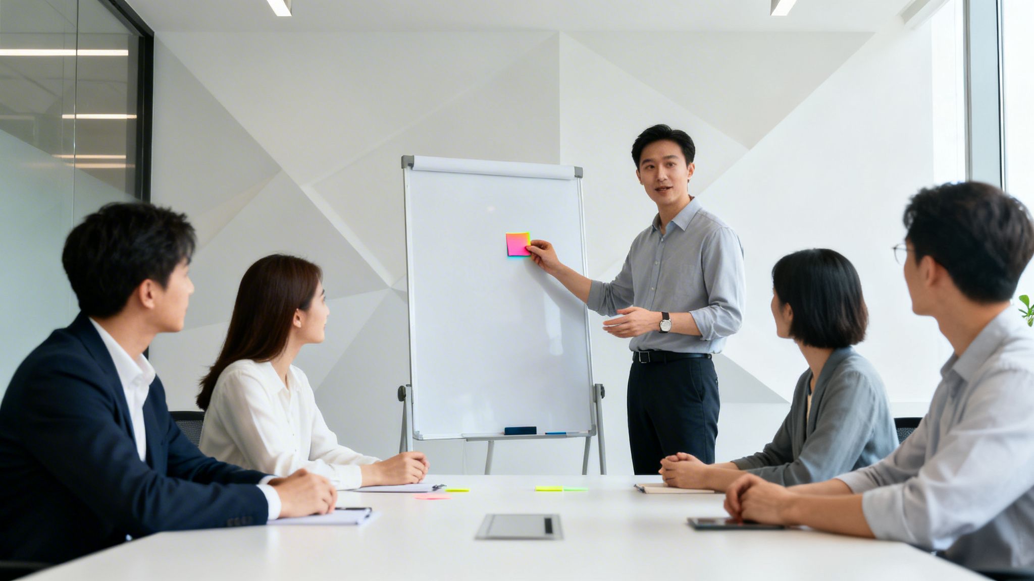 Team meeting in a modern office with a man presenting at a whiteboard to four colleagues.