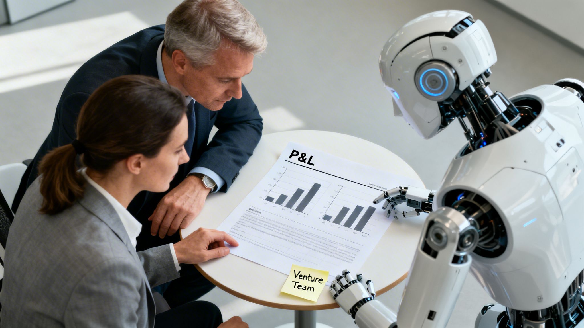 Ein weißer Roboter und zwei Business-Professionals prüfen ein Gewinn-und-Verlust-Dokument mit Diagrammen.