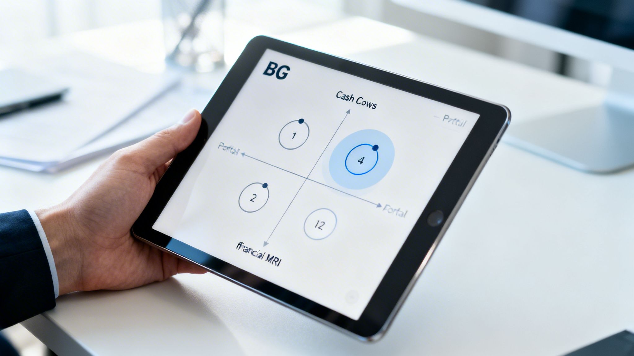 Eine Hand hält ein Tablet, das eine Geschäftsstrategie‑Matrix mit dem 'Cash Cows'‑Quadranten anzeigt.