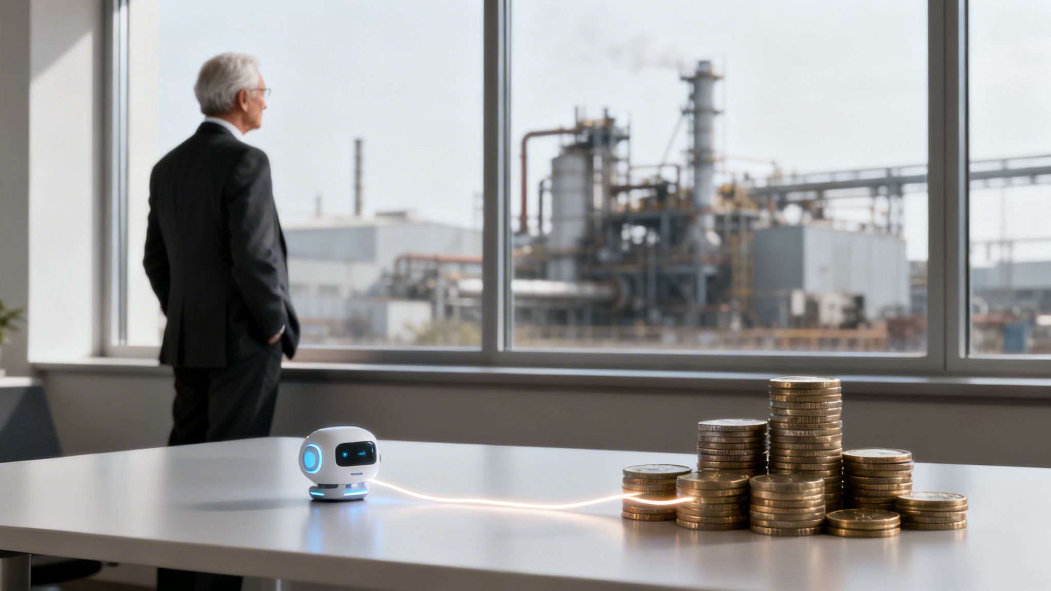 KI‑Roboter erzeugt Wohlstand, verbindet sich mit Münzstapeln auf einem Schreibtisch, während ein Geschäftsmann ein Industrieareal beobachtet.