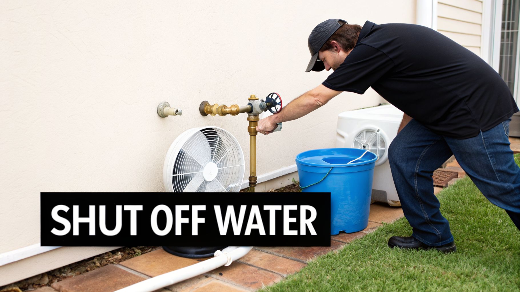A man in a baseball cap turns a water shut-off valve on the side of a building.