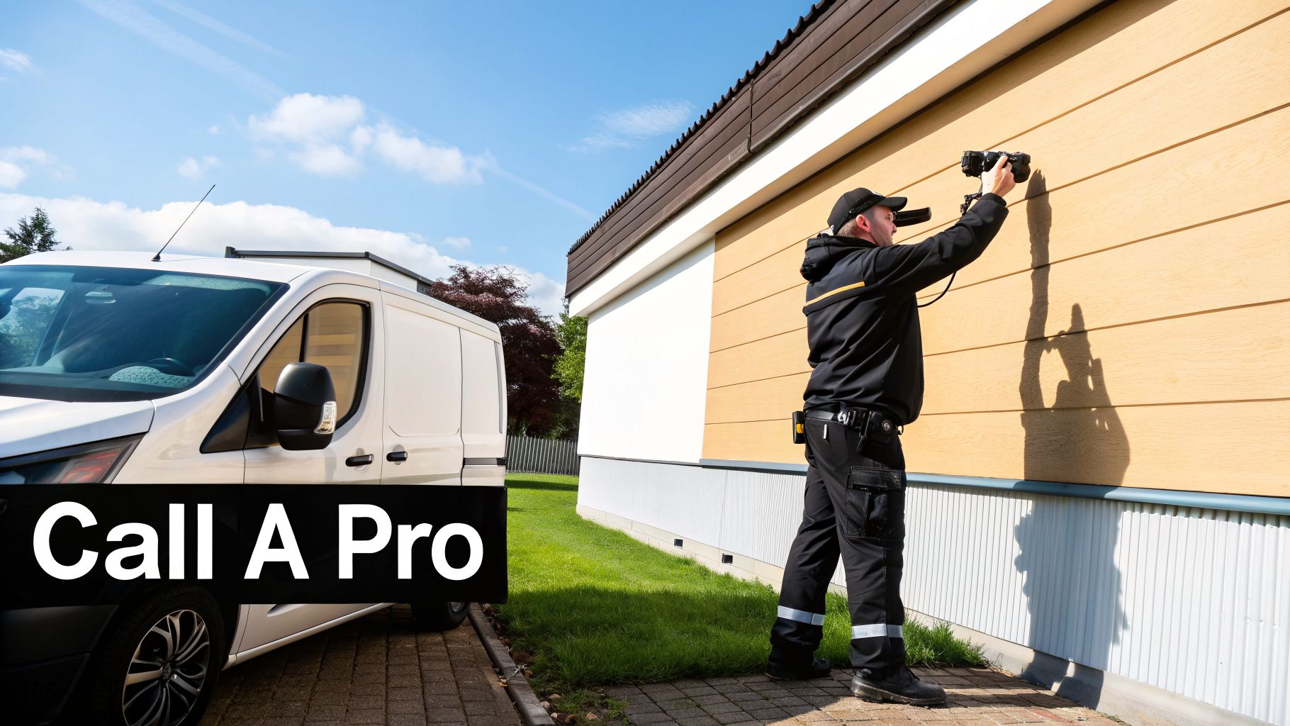 A professional technician using specialized equipment to inspect the exterior wall of a house for leaks.