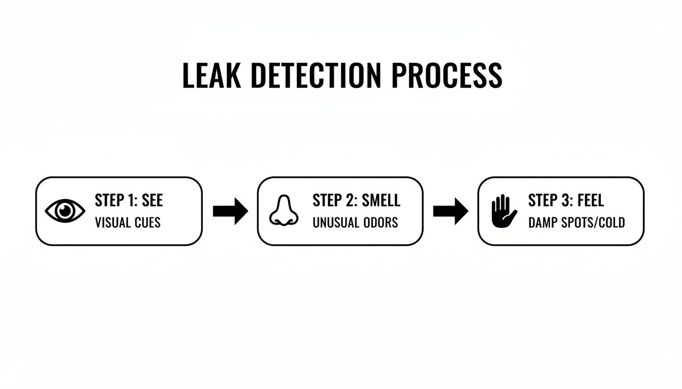A flow chart illustrating a three-step leak detection process using sight, smell, and touch.