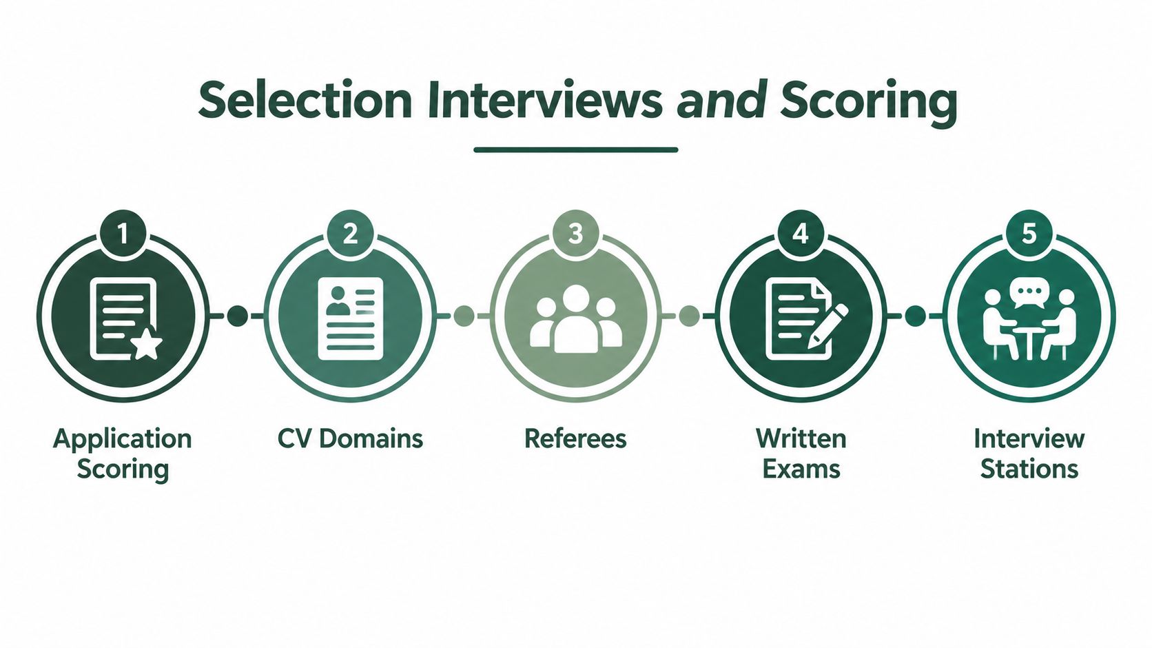 A five-step infographic showing the selection process stages including application scoring, CV domains, and candidate interviews.