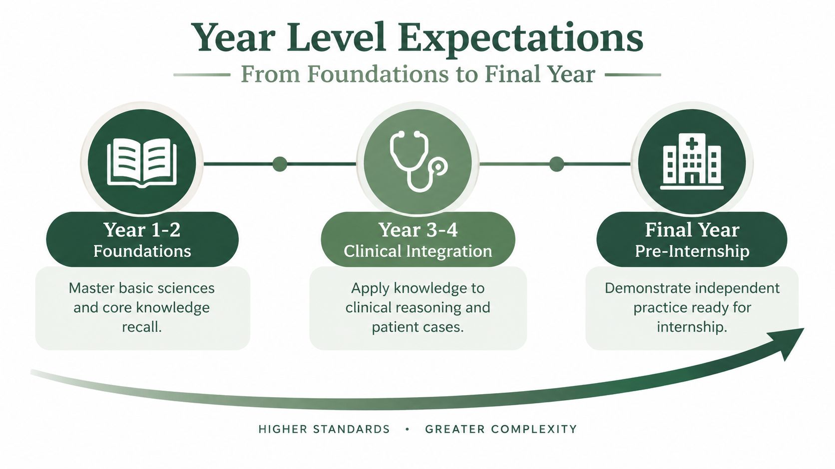 A visual timeline outlining medical education stages from foundational learning to clinical integration and final year pre-internship.