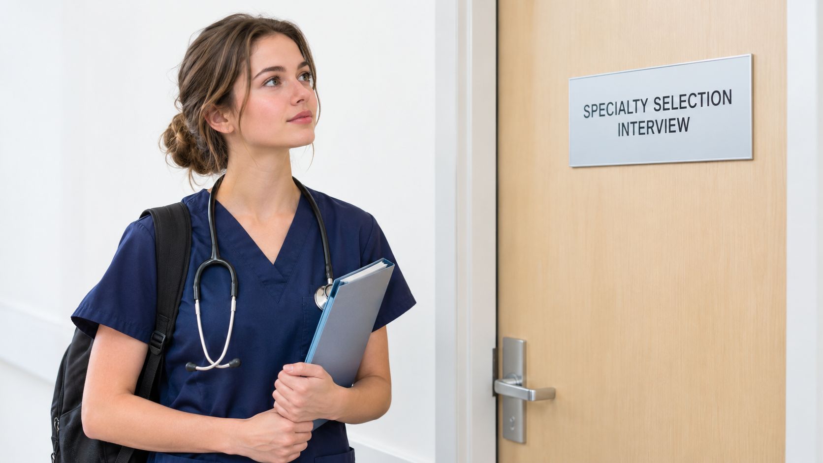 A young female medical professional in scrubs holding a folder standing outside a specialty selection interview room.