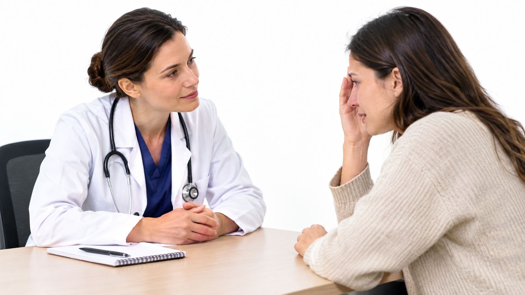 A female doctor with a stethoscope listens compassionately to a distressed female patient during a consultation.