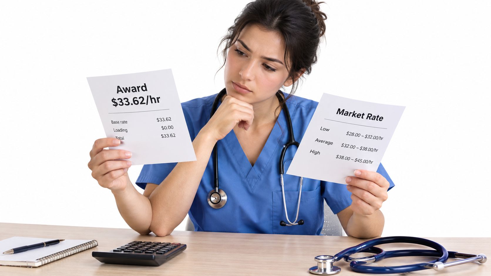 A thoughtful nurse in blue scrubs comparing their hourly award rate to current market pay rates.