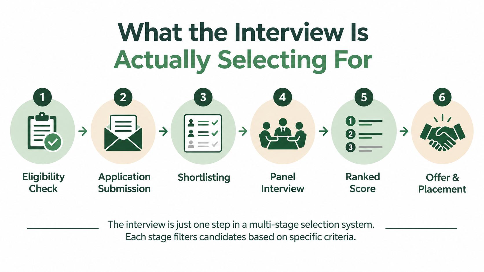 A six-step recruitment process infographic illustrating stages from eligibility check to the final job offer.