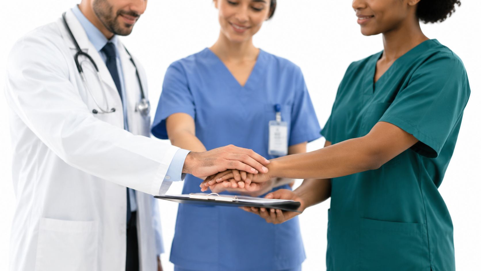 A diverse team of medical professionals holding hands together over a clipboard to show unity.