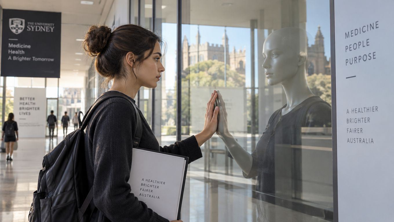 A female university student with a backpack looking at her reflection in a glass medicine department window.