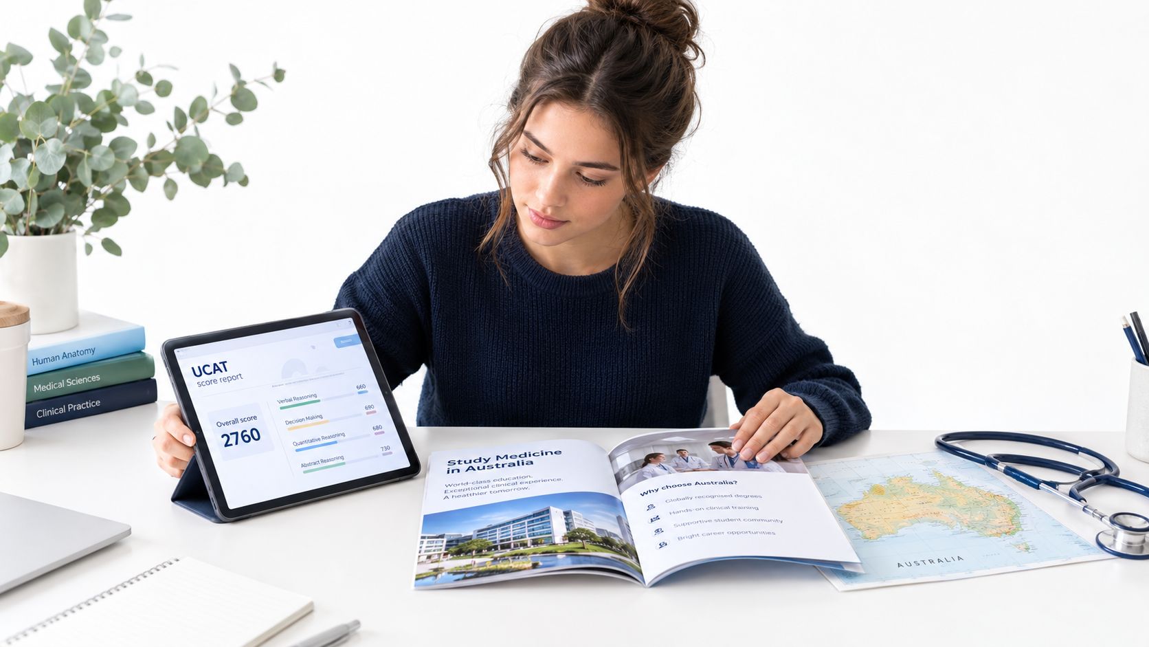 A young female student reviews her UCAT exam score report on a tablet alongside medical study materials.