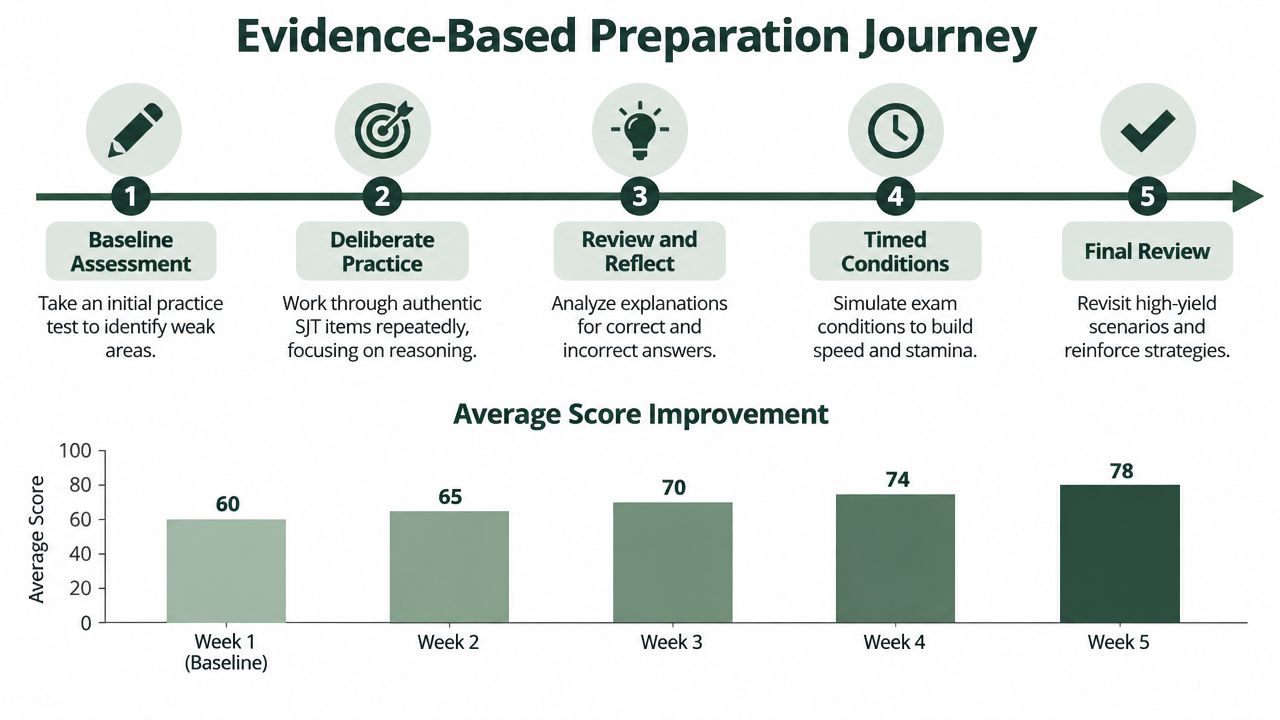 A diagram outlining a five-step evidence-based preparation journey for exams alongside a bar graph showing score improvement.