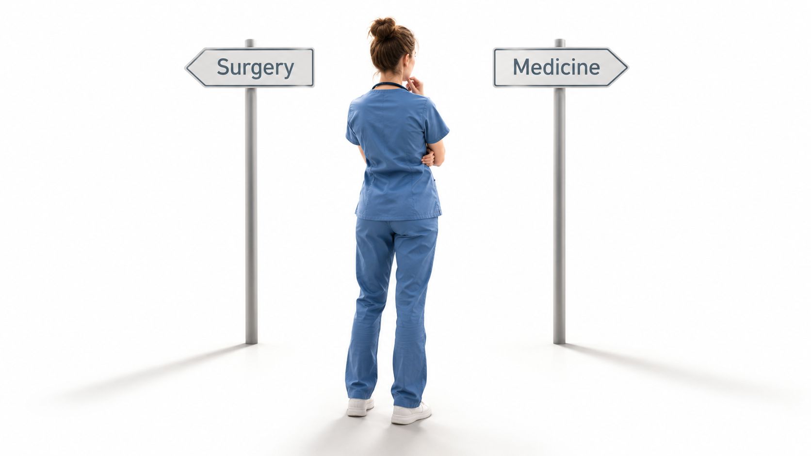 A healthcare professional in blue scrubs standing between two signposts labelled Surgery and Medicine choosing her career path.