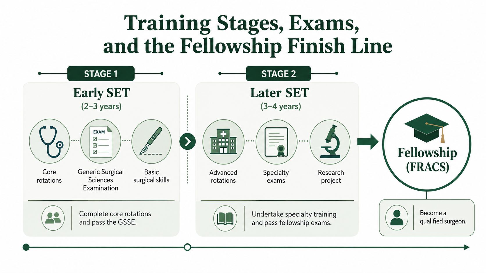 A diagram outlining the surgical training pathway in Australia, from early SET stages to fellowship qualification.