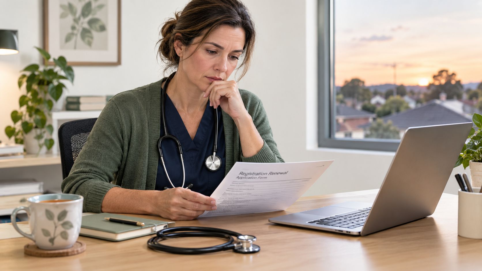 A concerned nurse reviewing her registration renewal application form at a desk with a laptop and stethoscope.
