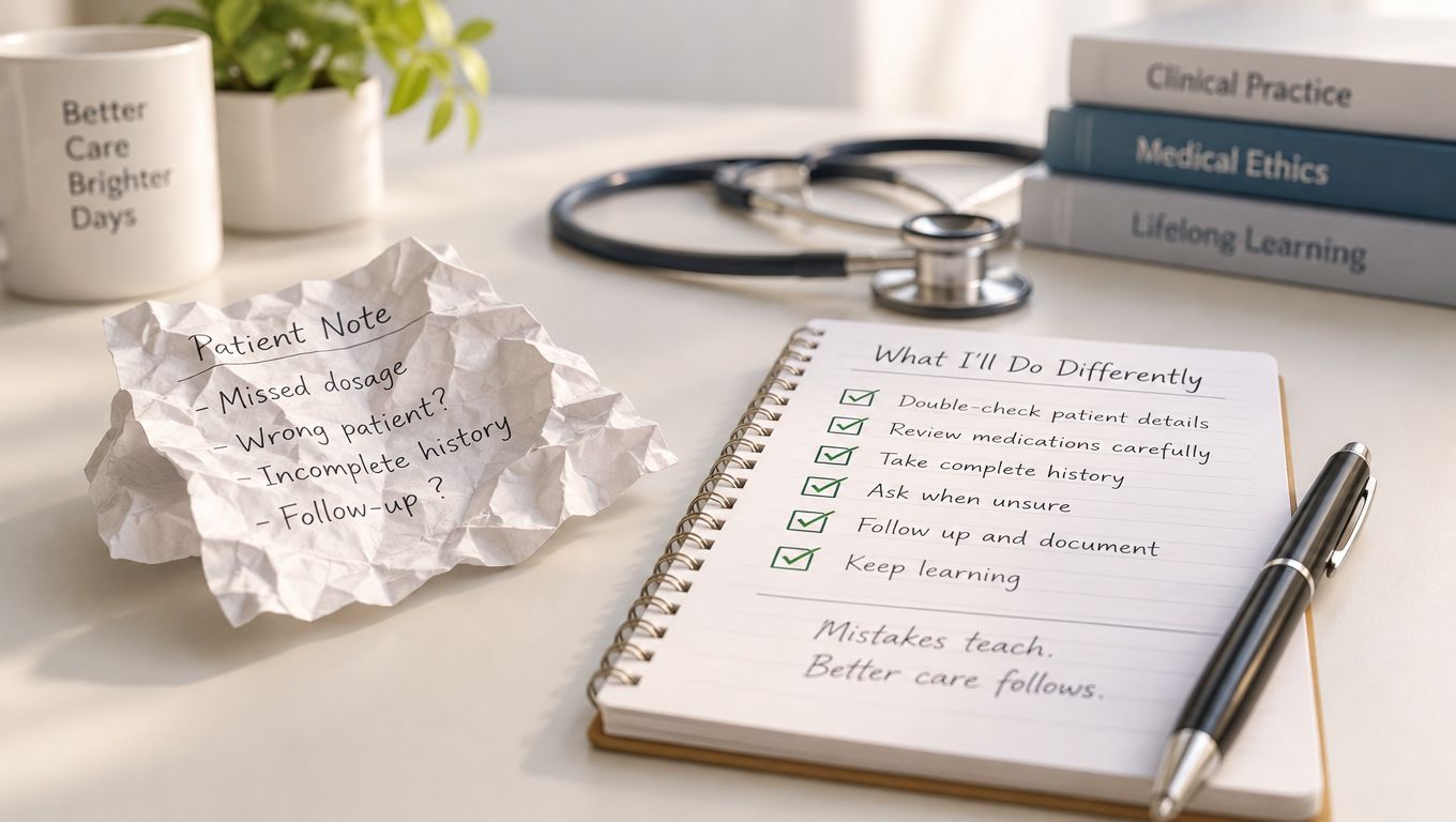 A workspace with a crumpled paper of patient errors and a notebook listing professional improvement goals.
