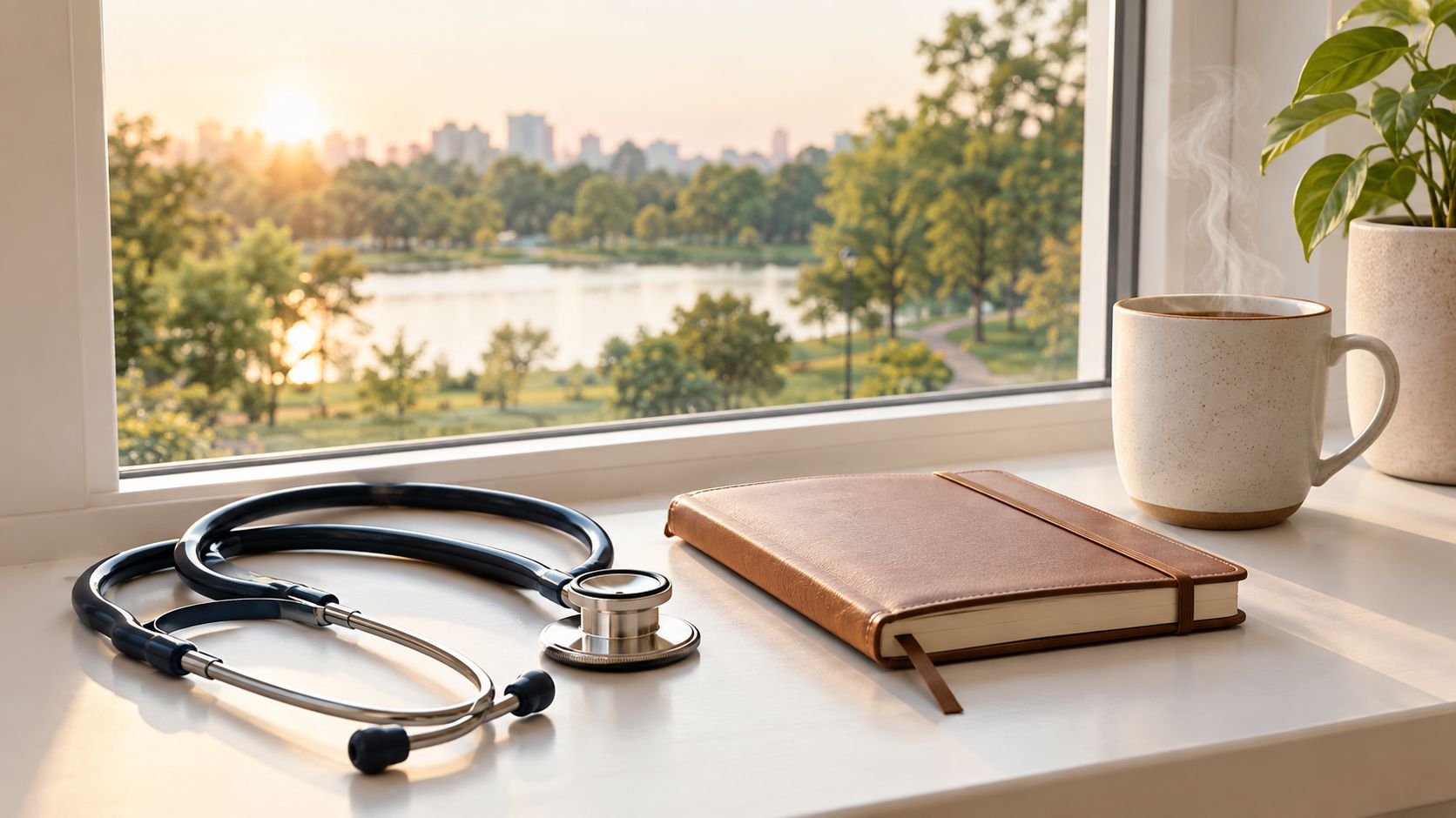 A stethoscope and a closed notebook sitting on a sunny windowsill next to a steaming coffee mug.