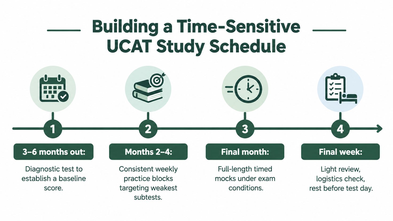 A four-step infographic illustrating a time-sensitive study schedule for preparing for the UCAT medical entrance exam.