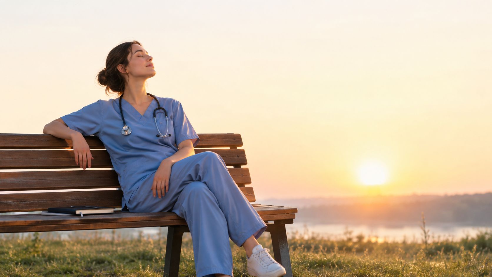 A relaxed female nurse in blue scrubs sits on a park bench at sunset, eyes closed peacefully.