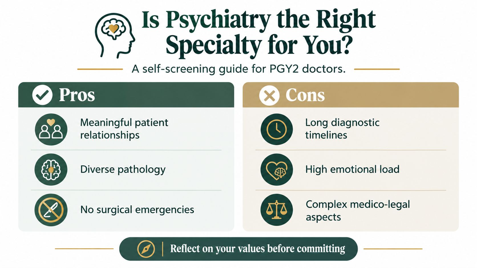 A guide for PGY2 doctors outlining the pros and cons of choosing a career in psychiatry.