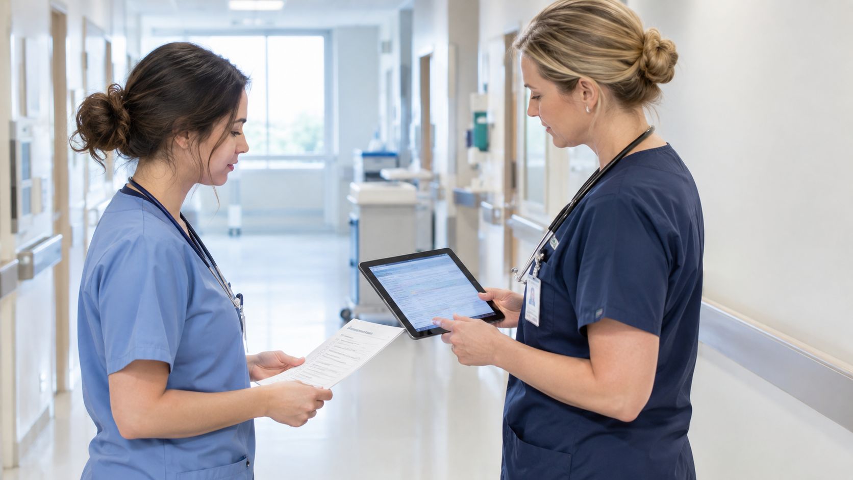 Two medical professionals in scrubs reviewing a paper document and a tablet screen in a hospital hallway.