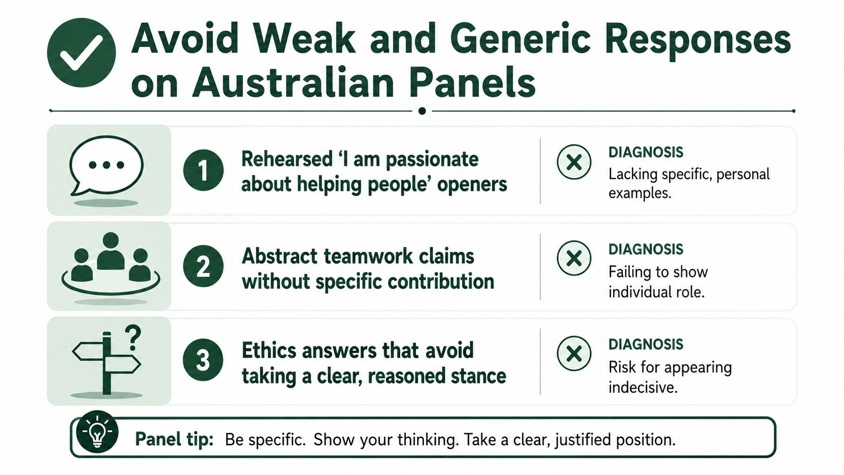 A guide listing three common weak response types to avoid in Australian medical interview stations.